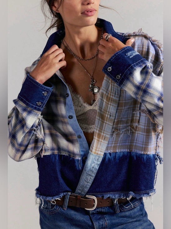 Free People Tops - Free People The Tales Mixed Denim Flannel Button Down Plaid Frayed Blue